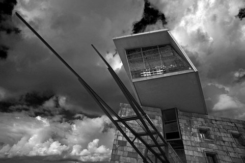 Modern entrance to the Reichsparteitagsgelände documentation center against cloudy sky, former