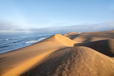 Sand dunes in morning light, view of Atlantic coast and sea, Sandwich Harbour, impressive desert
