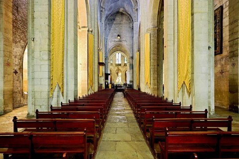 Interior view of Notre-Dame-de-la-Mer Roman Catholic Church, Saintes-Maries-de-la-Mer, Camargue,