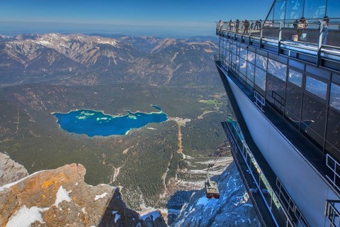 Viewing terrace on the Zugspitze summit 2962m with view of Lake Eibsee lake,