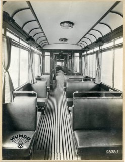 Interior of an old tram with wooden floor and classic seats, WUMAG, factory photo, Waggon- und