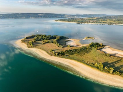 Aerial view of the Mettnau peninsula near Radolfzell on Lake Constance at historic lows, low tide