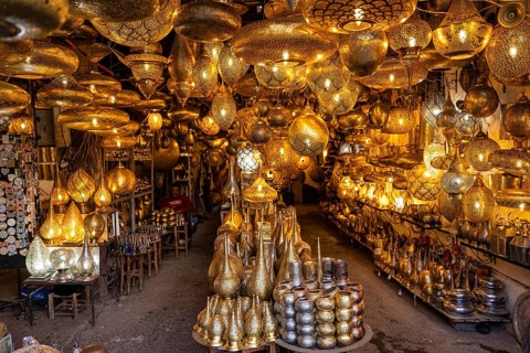 Oriental lamps are on display for sale in a lamp shop, Souk, Bazaar, Marrakech, Maghreb, North