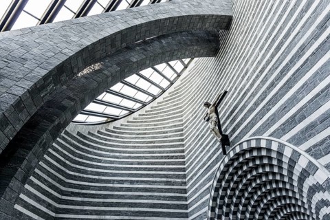 Interior view, modern chapel, San Giovanni Battista, architect Mario Botta, Mogno, Maggia Valley,