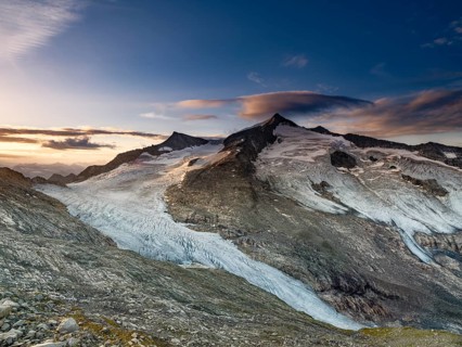 Glaciated summit of Grossvenediger, at sunrise, Venice Group, Hohe Tauern National Park, Province