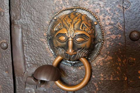 Historic Door Knocker, Löwenkopf, Frauenwörth Abbey, Fraueninsel, Chiemsee, Upper Bavaria, Bavaria,
