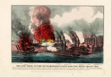 The naval battle of Plum Point Bend, near Fort Pillow/Fort Wright, during the American Civil War on