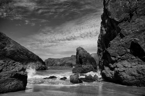 Surf, coastal landscape, coast, rock formations, rocks, sandy beach, beach, sea, Kynance Cove,