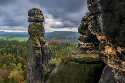 Autumn on Pfaffenstein in the Elbe Sandstone Mountains in the Saxon Switzerland National Park,