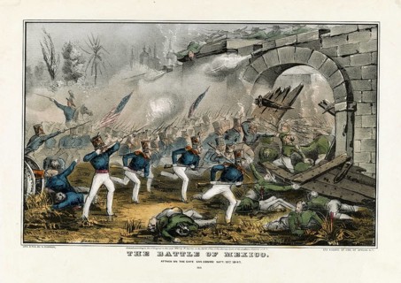 Color block print from 1847 with the title The Battle of Mexico. Attack on the Gate San Cosme, Sept