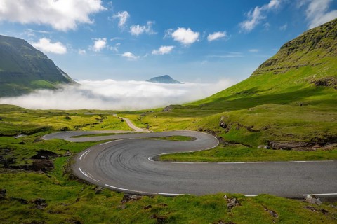 Road to Norðradalur, Curve Road, Streymoy Island, Faroe Islands, Denmark