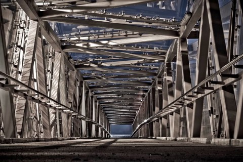 Interior of the mesh-clad Jacobs Ladder covered footbridge by artist Lisa Reihana in Auckland New
