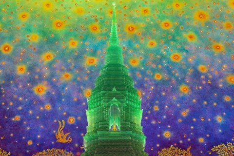 In the emerald green silence of Wat Paknam Phasi Charoen, the glass chedi rises like a glowing