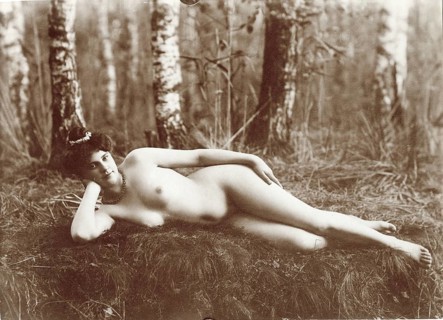 Nudism, Life Reform, Nude, Nature, Art Nouveau, Unclothed Woman Lying Relaxing in the Forest on the