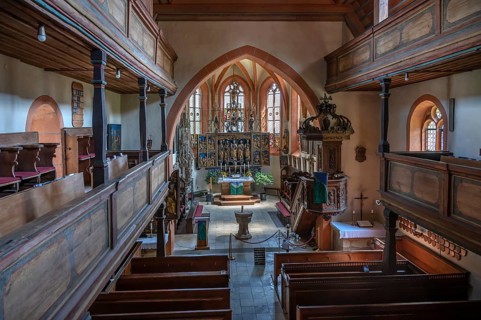 Interior of St. Andreas Church, a Gothic hall church, mentioned as early as 1390, Dorfplatz 8,