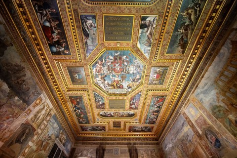 Parliament room with ceremonial ceiling, wall painting and ceiling painting, Castello di Udine,