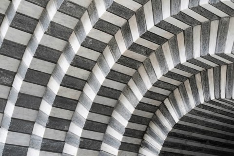 Marble and gneiss alternating in layers, round arch approach, interior, Roman Catholic church of