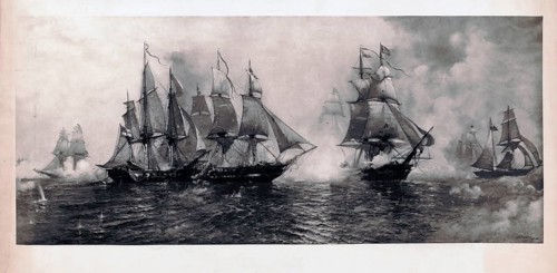 Depiction of the Battle of Lake Erie (10 September 1813) during the War of 1812. The illustration