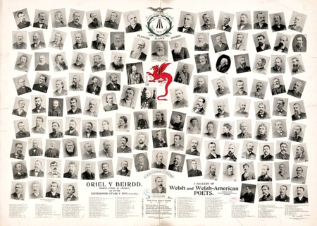 Historical photo montage that contains numerous portraits of Welsh and Welsh-American poets,