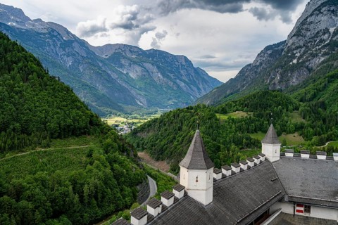 View from the castle of the Lueg Pass, Hohenwerfen Fortress, Werfen, Pongau, Salzburg state,