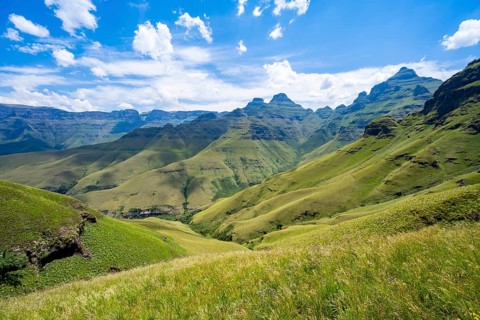 Mountainous landscape of Cathedral Range, Cathedral Peak, Drakensberg, KwaZulu-Natal, South Africa