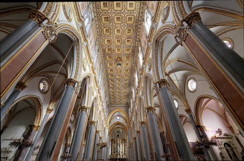 San Domenico Maggiore church, interior with baroque coffered ceiling, historic old town, Naples,