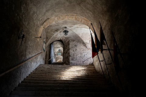 Stairway with flags, Hohenwerfen Fortress, Werfen, Pongau, Salzburg state, Austria