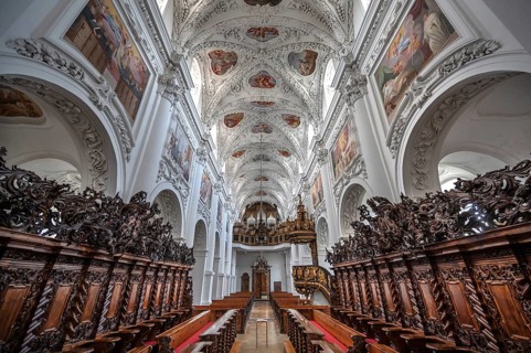 Interior with choir stalls, end of the 17th century, and ceiling vault, Baumgartenberg Abbey and