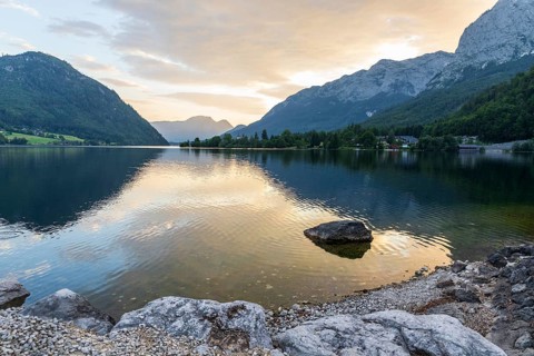 Evening on the eastern shore of Lake Grundlsee, Gössl, Styria, Austria