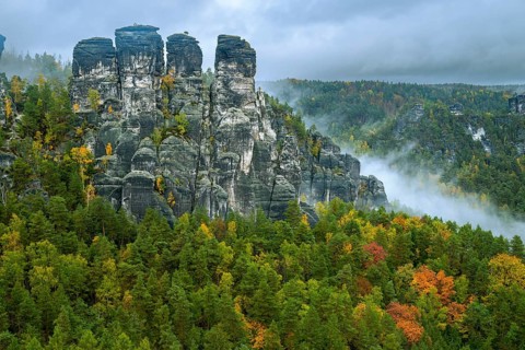 Autumn in the Elbe Sandstone Mountains in the Saxon Switzerland National Park, Lohmen, Saxony,