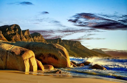 Camps Bay beach, Cape Town, rocky coast, rocks, lighting, evening mood, Western Cape, South Africa
