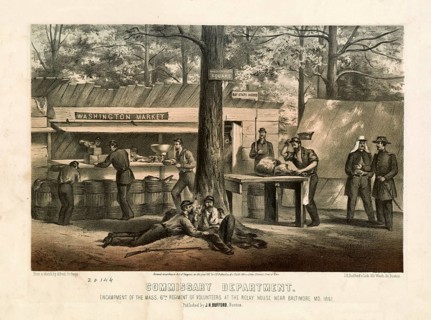 Lithographic print from 1861 with the title Commissary Department. Encampment of the Mass. 6th