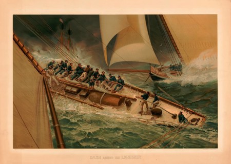 A dramatic regatta scene on a rough sea, in which a racing yacht manoeuvres close past a lightship