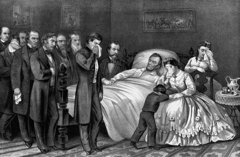 Death of US President Abraham Lincoln in Petersen House on April 15, 1865. In addition to the dying