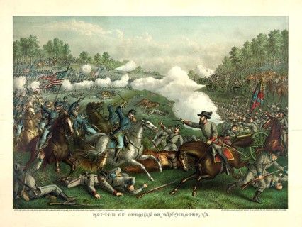 Lithograph by Kurz & Allison (c. 1893) entitled *Battle of Opequon or Winchester, Va*, depicting
