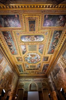Parliament room with ceremonial ceiling, wall painting and ceiling painting, Castello di Udine,