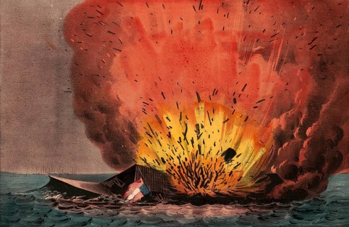 The scuttling and self-sinking of the Confederate ironclad frigate CSS Virginia. The destruction