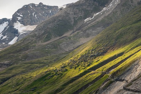 View of the Gamsgrubenweg above the Pasterze glacier in the Hohe Tauern National Park, Heiligenblut