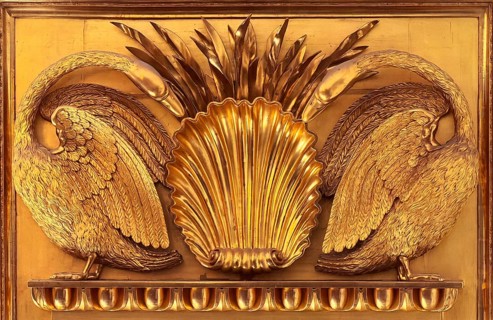 Detailed view with two golden swans in the New Town Hall in Bremen, UNESCO World Heritage Site,
