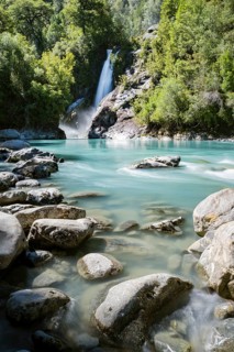 Cascadas Rio Blanco waterfall and turquoise blue Rio Blanco river flows through temperate