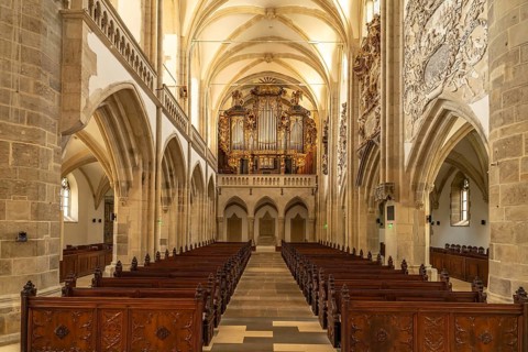 Sauer organ in the interior of the Lutheran parish church in Sibiu or Sibiu, Transylvania, Romania