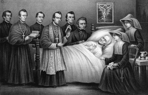 Death of John Timon, the first Catholic Bishop of Buffalo, in 1867. Scene depicts the dying bishop