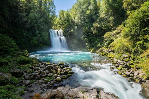 Cascadas Vejar waterfall on the turquoise blue Rio Negro River, long exposure, Ruta de los Parques,