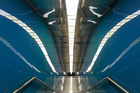 Futuristic Università metro station, stairs, design by Karim Rashid, art subway, Metrò dell'Arte,