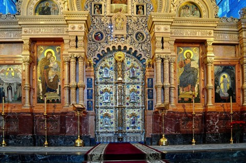 Colourful and decorated altar with religious icons in a church, Church of the Resurrection, Saint