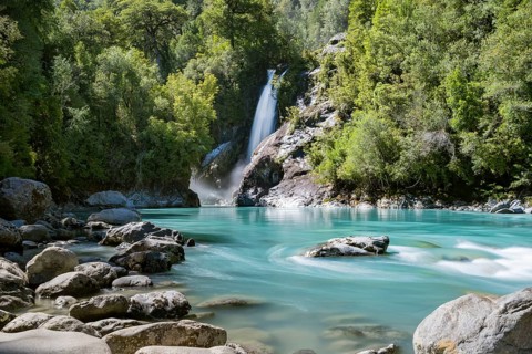 Cascadas Rio Blanco waterfalls and turquoise blue Rio Blanco river flows through temperate
