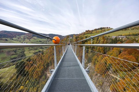 Blackforestline suspension bridge at Todtnau Waterfall in the Black Forest in autumn in Todtnau,