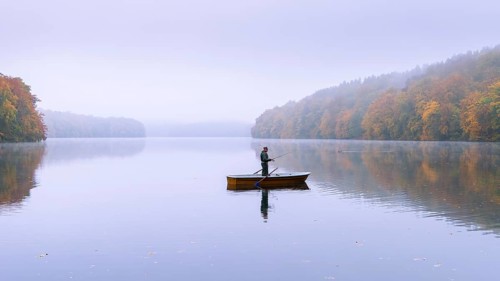Anglers on the autumnal Schmale Luzin, lake in Mecklenburg-Western Pomerania, Feldberg Lake