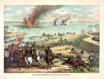 Print Battle Between the screen and Merrimac depicting the naval Battle of Hampton Roads during the
