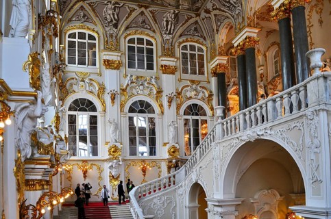 A richly decorated interior of a palace with an imposing staircase, Winter Palace, Hermitage, Saint